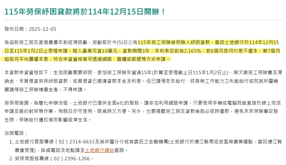 勞動部115年勞保紓困貸款申請時間、金額、利率規定說明
