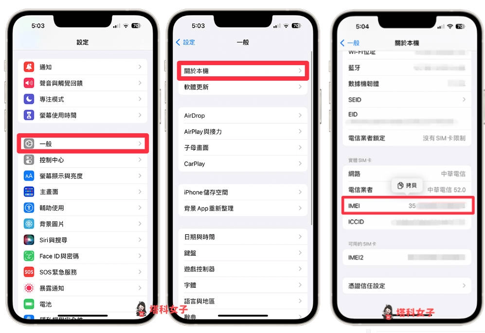iPhone從設定查詢IMEI碼